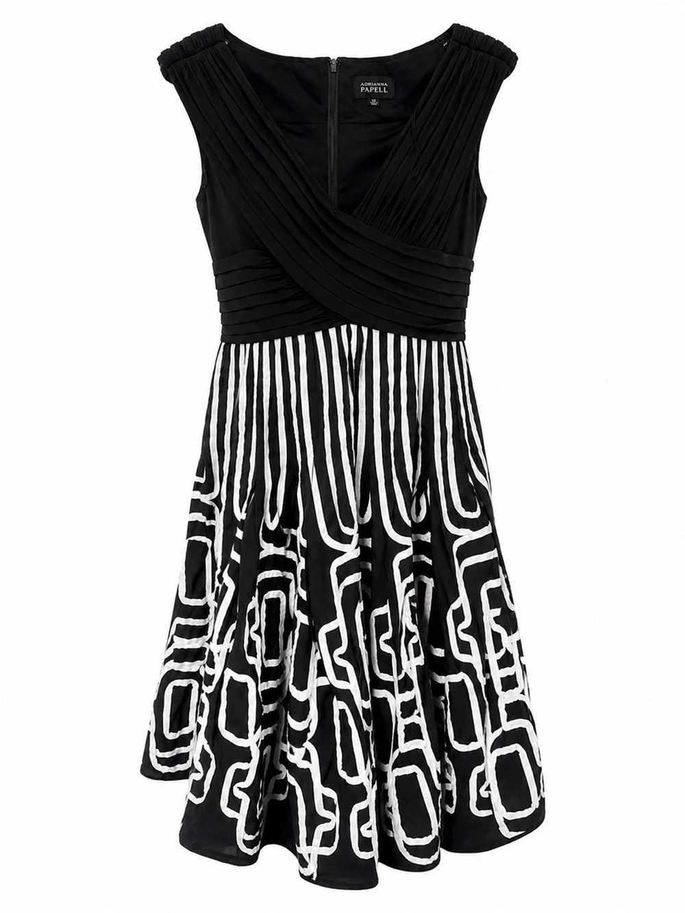 Adrianna Papell Pleated Fit & Flare Cocktail Dress Black White Size 10